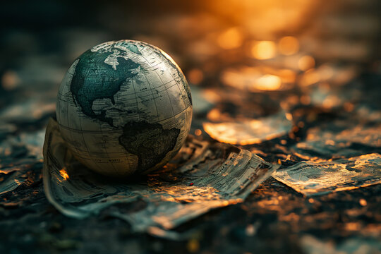 The Earth Globe sits on the ground in the middle of a changing economy. When money is worthless due to the economic crisis It is a symbol of global finance and banking.	
