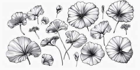 A collection of hand-drawn black and white illustrations featuring gotu kola flower and leaf in an engraved style, perfect for use in labels, stickers, menus, and packaging.