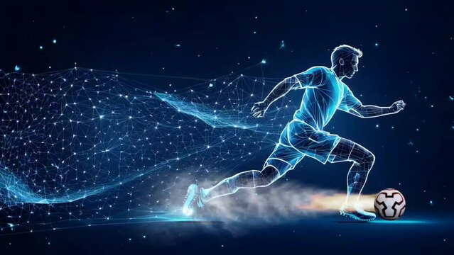 Person plays soccer on dark background. Digital frame polygon illustration. Seamless looping time-lapse 4k video animation background