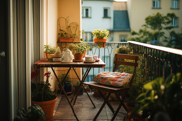 Small city apartment balcony with patio furniture.