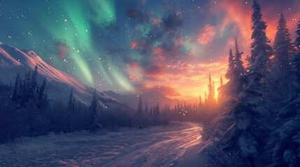 Beautiful aurora borealis or northern lights on the sky in snowy Alaska in winter