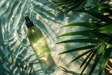 A bottle of aromatherapy essential oil in clean water with tropical palm leaves in summer - 786073990