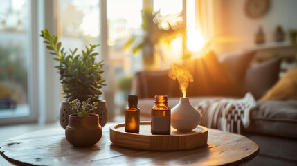 Bottles of aromatherapy essential oil and diffuser dispersing scent in a cozy home on a sunny summer morning - 786073998