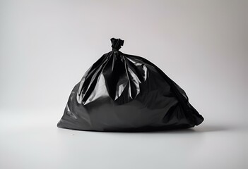 Black trash bag with a handle, placed on a counter, AI-generated.