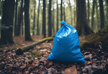 Garbage bag resting on a forest floor covered in leaves, AI-generated.