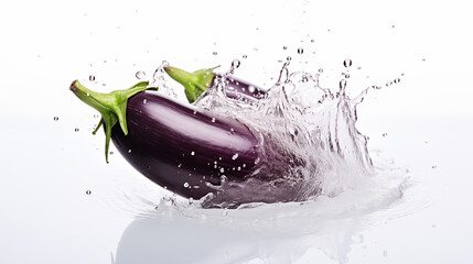 Fresh eggplants falling in water splash with water drops, isolated in white background. Fresh vegetables and healthy food..