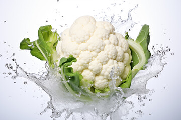 Fresh cauliflower falling in water splash with water drops, isolated in white background. Fresh vegetables and healthy food.