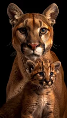  Male puma and cub portrait with object, providing substantial empty space ideal for adding text © Andrei