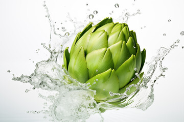 Fresh artichoke falling in water splash with water drops, isolated in white background. Fresh vegetables and healthy food..