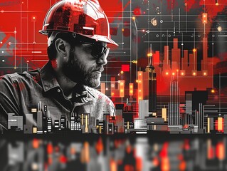 Economy illustration with portrait of worker wearing a hard head and safety glasses featuring graphs and other economic symbols, generative ai