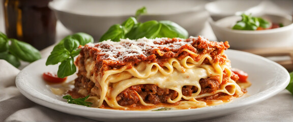 Delicious lasagne with Bolognese and bechamel sauce, dinner time