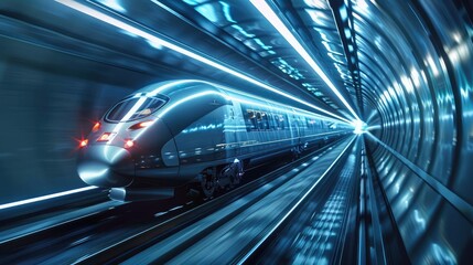 Fototapeta na wymiar A sleek, high-speed train hurtling through a futuristic tunnel network, its streamlined design and magnetic levitation propulsion system epitomizing the future of transportation technology. 
