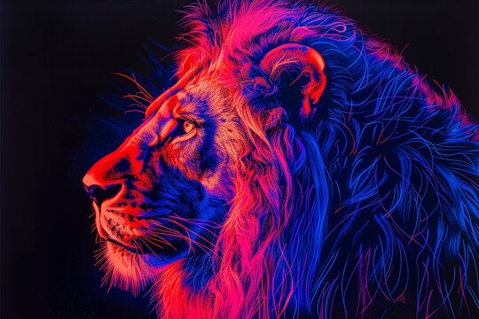 Neondetailed blacklight painting of a lion in a stance of determination, stark contrasts enhancing its powerful demeanor