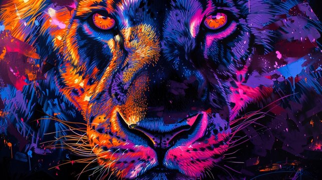 Intense portrait of a lion under blacklight, vibrant UVreactive paint highlighting the determination in its eyes