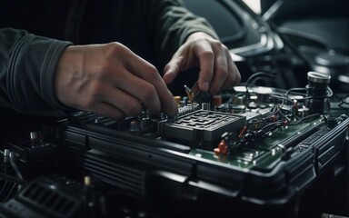 Fototapeta na wymiar Auto mechanic repairing a car engine. Close-up of male hands.