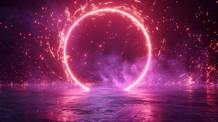 Luminous purple gateway idea with violet fluorescent hologram teleporter on dark backdrop. Circular digital aura with rays and flashes. Round burst design for video game user interface. Artwork.