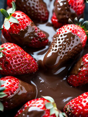 Close-up of strawberries dipped in glossy chocolate sauce.
