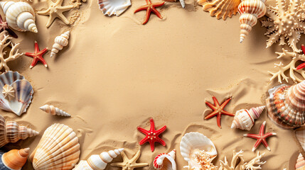 貝と海星と珊瑚のメッセージバナー背景。広告、カード