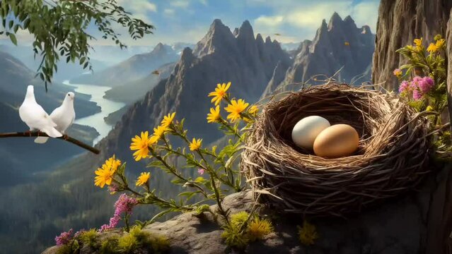 nest of eggs with doves in the mountains