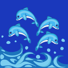 four dolphins flying happily above the sea

