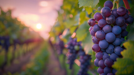 A bunch of grapes hanging from a vine. The sun is setting in the background, creating a warm and...