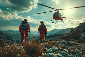 Two emergency responders equipped with harnesses and climbing gear rushing to a helicopter for a medical emergency, focusing on themes of saving, assistance, and optimism.