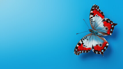 A striking image captures a bright red and blue butterfly centered on a bold blue background,...