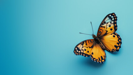 Closeup of an orange and black patterned butterfly against a calm blue background, representing...