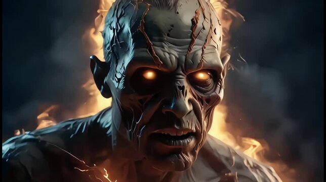 Dark Zombie with horror eyes stare amd burn fire flame 