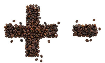Symbol plus and minus made from coffee beans on isolated white background.