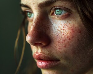 Seborrheic dermatitis on womans face, flaky skin condition, dermatology concept - obrazy, fototapety, plakaty