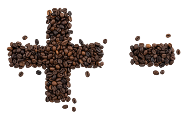 Symbol plus and minus made from coffee beans on isolated white background.