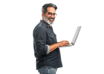 Smiling Man with Laptop on Transparent