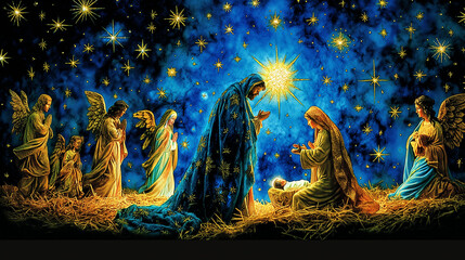 The Nativity Scene: A humble stable bathed in the soft glow of starlight serves as the backdrop for the miraculous birth of Jesus. Mary and Joseph gaze lovingly upon the newborn ba - obrazy, fototapety, plakaty