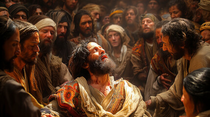 The Healing of the Paralytic: Amidst a bustling crowd gathered in anticipation, Jesus extends a healing touch to a paralyzed man, commanding him to rise and walk in the power of di
