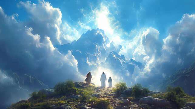 The Transfiguration: Upon a mountaintop shrouded in ethereal light, Jesus is transfigured before his disciples, his face radiant as the sun and his garments as white as snow. Moses