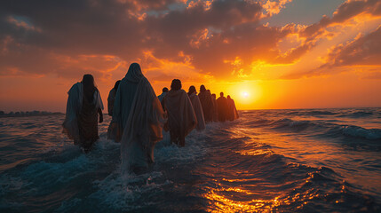 The Commissioning of the Disciples: Against the backdrop of a radiant sunrise, Jesus imparts his final words of instruction and blessing to his faithful followers, commissioning th - obrazy, fototapety, plakaty