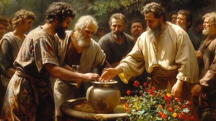 The Anointing at Bethany: In the home of Simon the leper, a woman pours out a costly alabaster jar of fragrant oil upon Jesus' feet, anointing him for burial with an act of extrava - obrazy, fototapety, plakaty