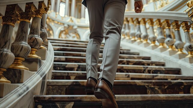 a man's leg gracefully ascending a luxurious marble staircase, adorned in grey suit pants.