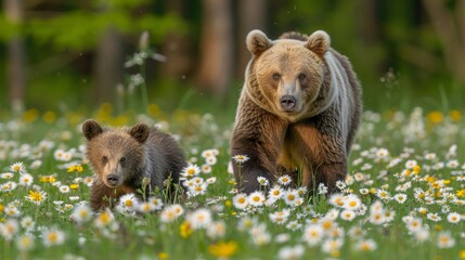 Male bear and cub portrait with generous space for text, object positioned on the right side