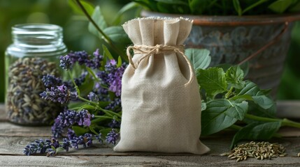 Aromatic Herbal Sachet Beside Fresh Plants Highlighting Natural Fragrance Sources