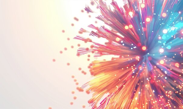 Digital shimmering yellow explosion firework sparkles blow from one side of the image with light peach copyspace background