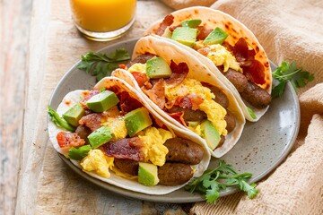 Breakfast tacos with sausage, scrambled eggs, crumbled bacon and diced avocado