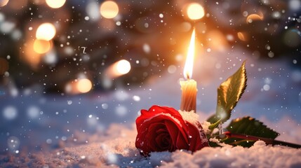 Birthday Candle Shaped like Alphabet Letters with Red Rose and Snowy Winter Background