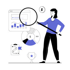 Financial report and marketing research, cost and income planning, SEO budget. Analysis graphics and charts. Vector illustration with line people for web design.