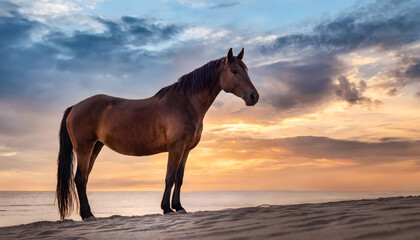 Brown Horse Standing on Sandy Beach. Generative AI