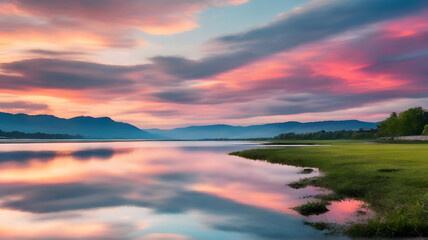 The vibrant colors of the clouds reflecting in the lake, creating a charming lakeside scenery.