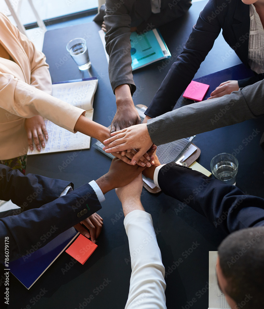 Poster Diversity, business and group or team of hands in office for unity with support, trust and collaboration for work project. Above, people and huddle together with paperwork for partnership and goals.