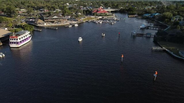 Aerial view of restaurants in waterway in New Port Richey, Florida