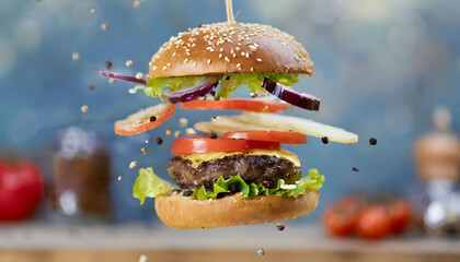 Fresh Hamburger Flying With Lettuce, Tomato, Onion, and Pickles. Generative AI - obrazy, fototapety, plakaty